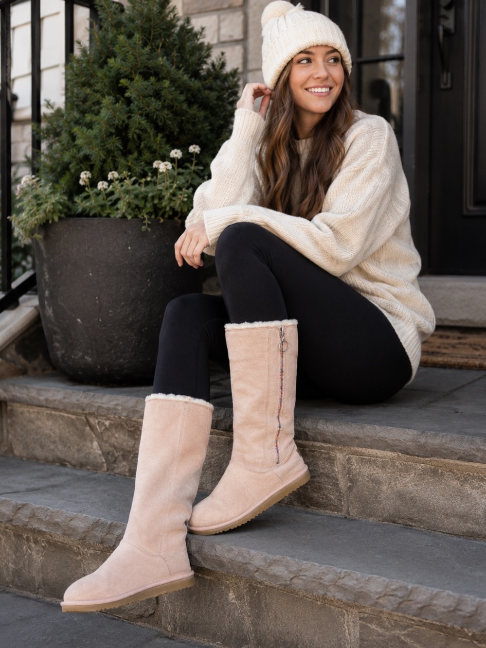 UGG Hayden Tall Pink Suede Sheepskin Rainbow Zip Boots Women 5